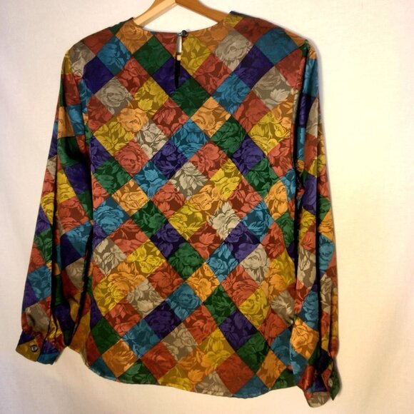 La Chine Classic Blouse Size 12 Satin Polyester Patch Look Rose Long Slv Vintage - Picture 3 of 16